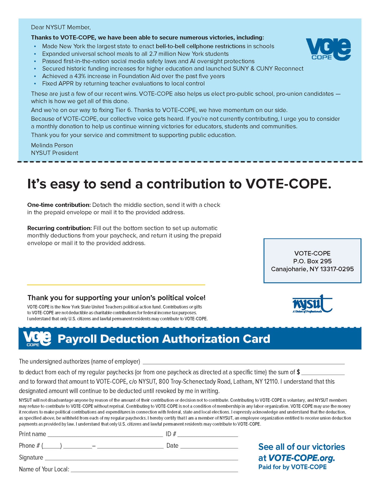 VOTE-COPE In-Service Contribution Cards